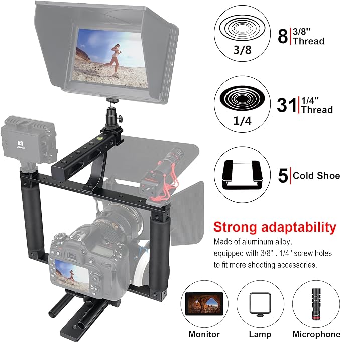 Universal Aluminum Alloy DSLR Mirrorless Camera Camcorder Stabilizer Extension Cage Mount for Mic Monitor Light, Movie Making Rig YouTube Tiktok Vlogging Video Kit w/Phone Holder for Canon Sony Nikon - Image 3