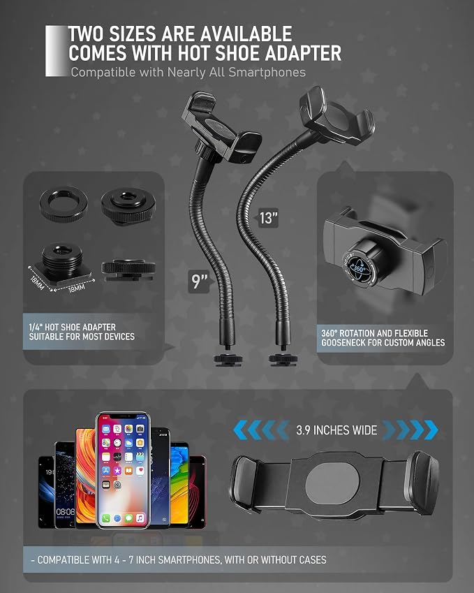 KHC1417 Phone Holder for Ring Light, 9-Inch Gooseneck, Hot Shoe Mount | Ring Light Phone Mount, Camera Hot Shoe Phone Holder, 1/4-20 Tripod Mount, 9-Inch Gooseneck, Cell Phone Clamp - Image 4