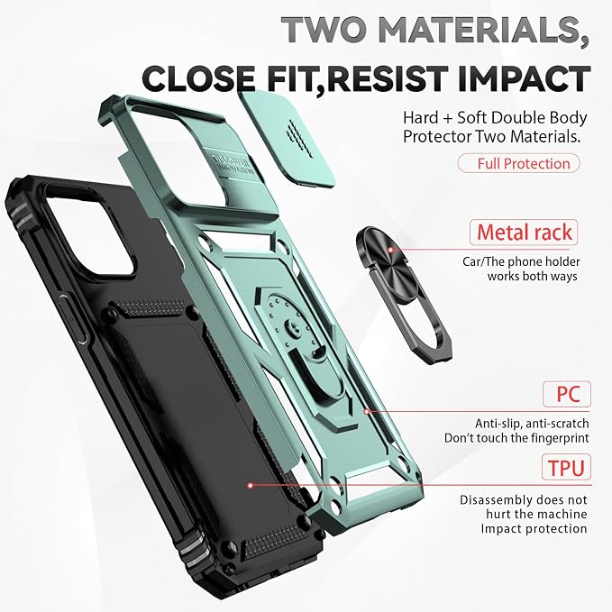 HNHYGETE for iPhone 15 Pro Case with HD Screen Protector: [Military Grade 20ft. Drop Tested] Slide Camera Cover Ring Shockproof Protective Phone Case for - iPhone 15 Pro (Dark Green) - Image 5