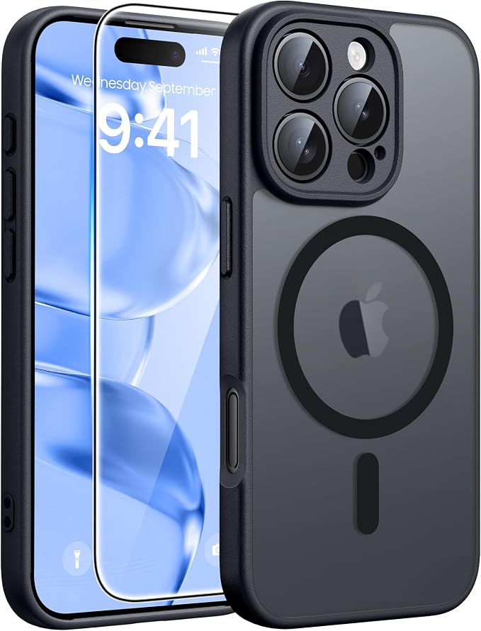 FNTCASE for iPhone 16 Pro Case, Fit for Magsafe, with Screen Protector | Full Camera Protection, Translucent Matte, 14FT Military Grade Drop Proof, Shockproof Protective Phone Cover, Black by FNTCASE