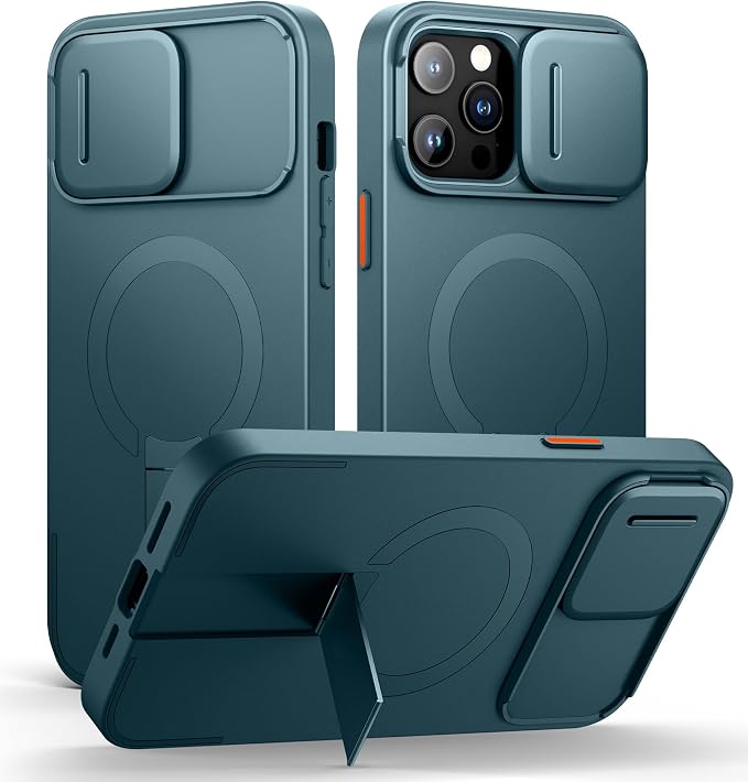 SURITCH for iPhone 13 Pro Max/12 Pro Max Case with Magnetic Camera Slide Cover and Adjustable Kickstand, Compatible with MagSafe, Shockproof Bumper Case Slim Protective Cover 6.7 Inch, Lake Green by SURITCH