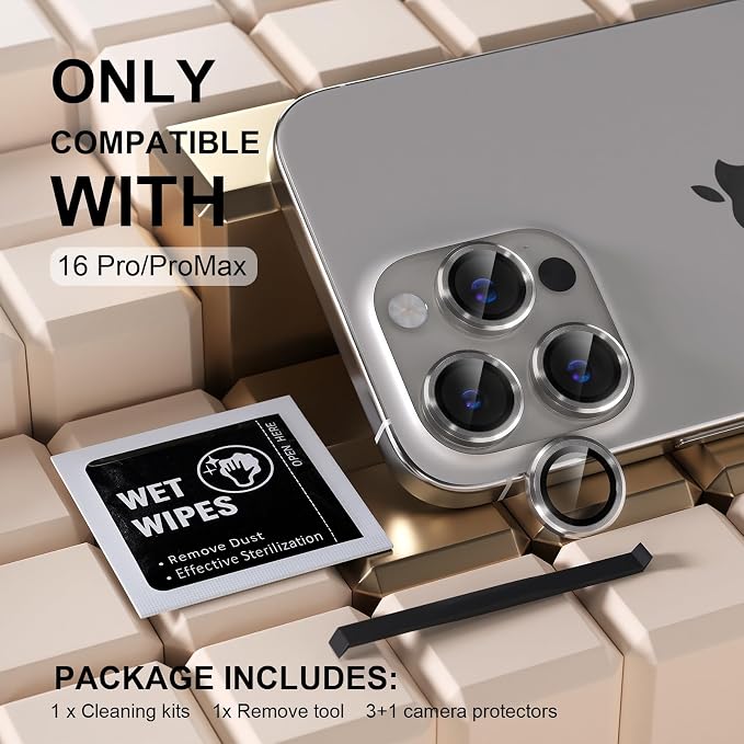 Misea Compatible for iPhone 16 Pro/iPhone 16 Pro Max Camera Lens Protector | 9H Tempered Glass Ultra HD Bling Camera Screen Protector Cover Metal Individual Ring Accessories, Natural Titanium - Image 2