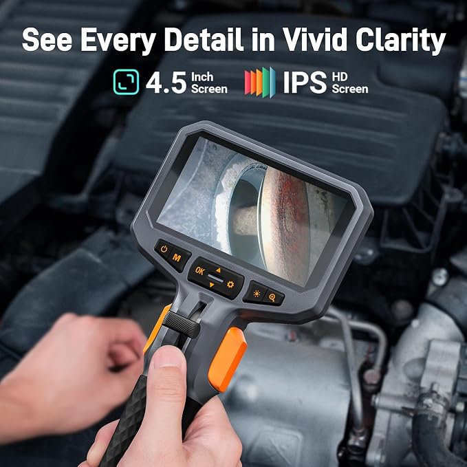 Teslong Articulating Borescope for Mechanic Automotive HVAC Wall Inspection | 2.0MP HD Endoscope, 8 LED Lights, Two-Way 210°, 4.5" IPS Screen, 32GB, IP67 Waterproof, Semi-Rigid Gooseneck, Carrying Case - Image 3