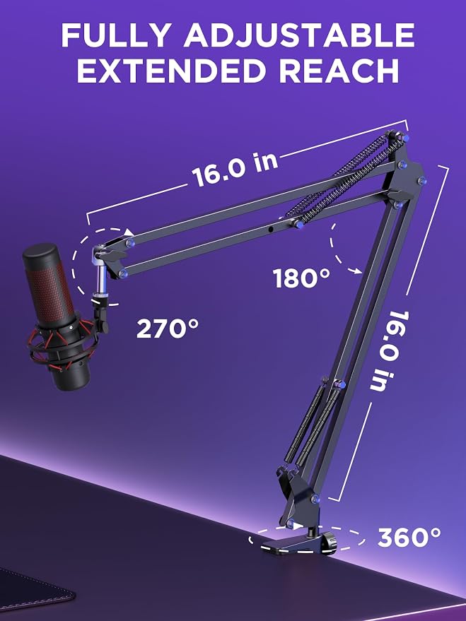 InnoGear Extended Boom Arm Microphone Mic Stand for Podcast Singing, Black | Desk Mount, Desktop Stands, Adjustable Reach, Rotate Fully, Folds Away Compactly, for Gaming, Streaming or Recording - Image 3