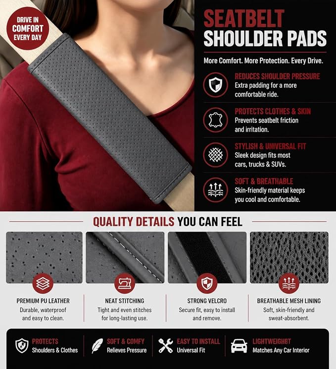 Gray Breathable PU Leather Seat Belt Covers - 2Pcs, Perforated Seat Belt Pads, Universal Fit for Car Truck SUV - Image 3