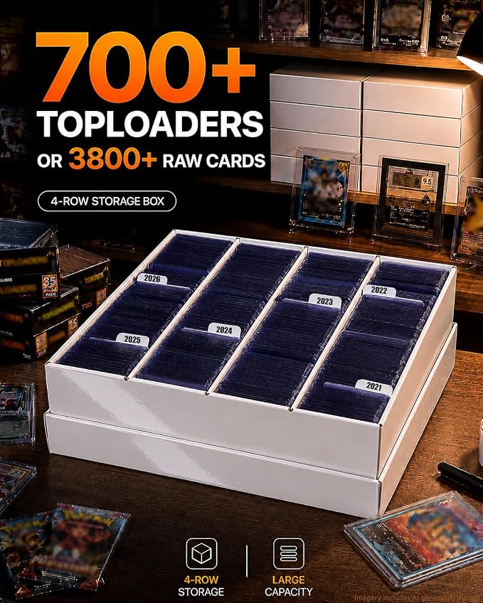 4 Row Toploader Trading Card Storage Box with Divider, Duty Double Wall Box | 1 Pack, Fits 700+ Toploaders or 3800+ TCG Cards, for Bulk Card Storage, for Sports, MTG&PKM Card Storage, Laminated Film - Image 2
