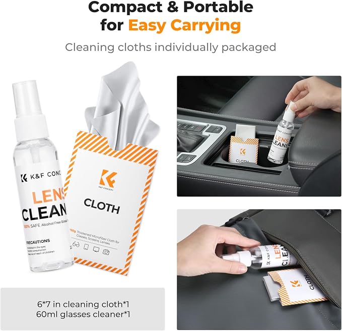 K&F CONCEPT Lens Cleaner Spray Kit,Microfiber CleaningCloth,Glasses Cleaner | 60ml Mild Cleaning Liquid,High Density Cloths,Individually Packaged,Washable & Reusable,For Eyeglasses,Screen,and Camera,MK01 - Image 8
