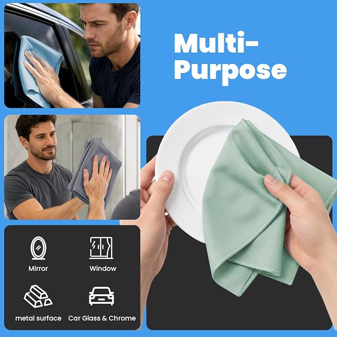 Puomue 12 Pack Microfiber Glass Cleaning Cloth, 10.8 Inch x 13.8 Inch, Lint Free Quickly Clean Windows, Mirrors, Glasses, Phone Screens, Camera Lenses (Grey+Blue+Green) - Image 4