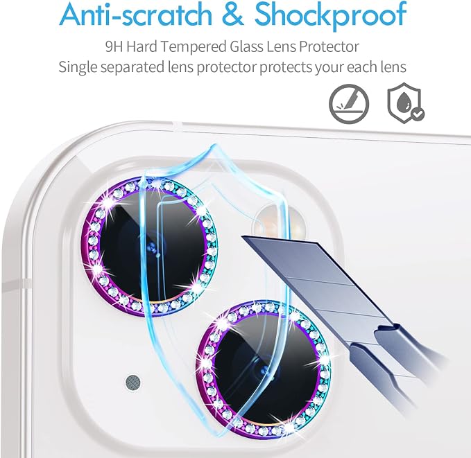 for iPhone 13/13 Mini Camera Lens Protector Bling Diamond, Colorful | Individual Metal, 9H Hardness, Scratch Resistant, Shockproof, Drop Protection, Case Friendly, Stylish Accessories - Image 7