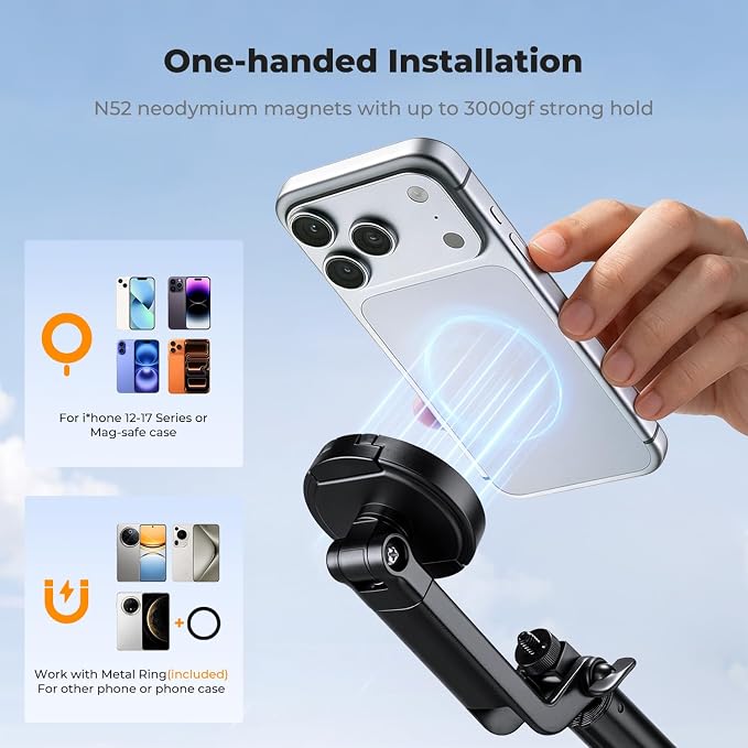 K&F CONCEPT 72" Selfie Stick for iPhone, Phone Tripod with Light | Clip & Magnetic, Light, Remote, 1s Open & Close, Compatible with iPhone 17-12 Osmo Pocket 4/3 Luna Ultra, X97C6 - Image 2