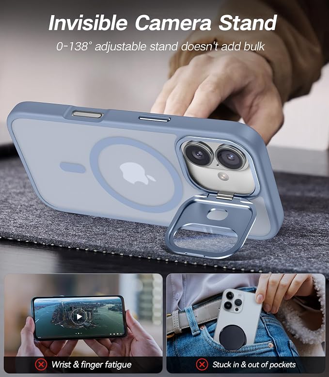 VOFATA [Upgraded] for iPhone 16 Case with Camera Cover Stand [Fit for MagSafe][9H Camera Lens Protector] Mil-Grade Protection Translucent Matte Silicone Magnetic iPhone 16 Phone Case, Light Blue - Image 3