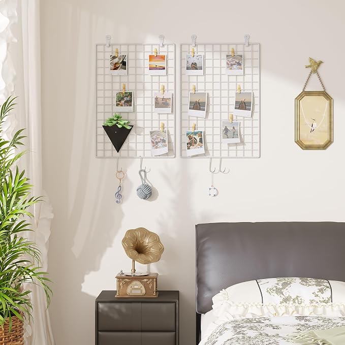 C&AHOME Photo Wall Display Set of 2, Wall Grid Panel, 17.7" x 25.6", White | Photo Display Shelves, Wall Storagae Organizer, Grid Panel, Hooks, Clips, Hemp Cord, Hammer - Image 8