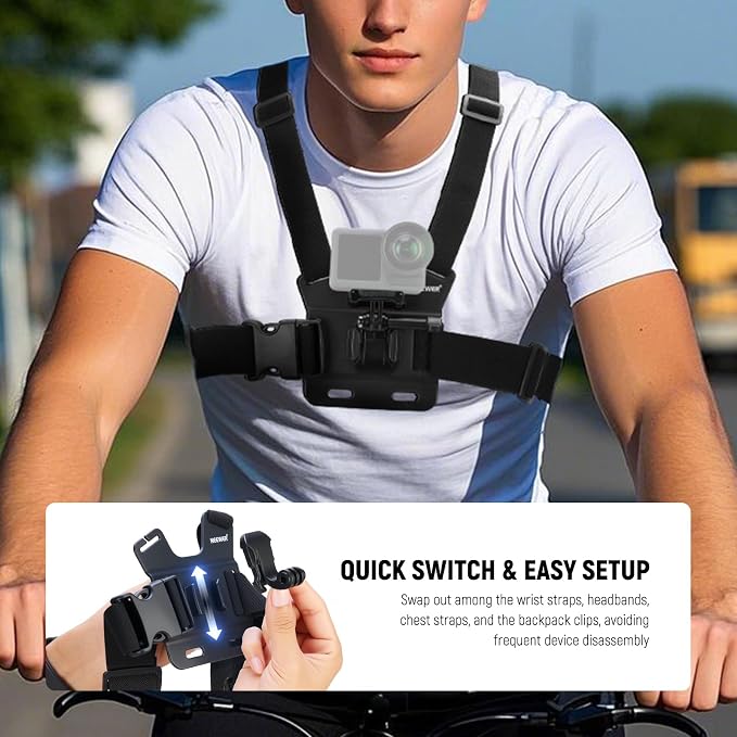 NEEWER Accessory Set Compatible with GoPro Hero Insta360 DJI AKASO Action Camera, Quick Change Head Strap Head Strap Holder, Chest Strap, Backpack Hat Clip Holder & 360° Wrist Strap for GP-75 - Image 3