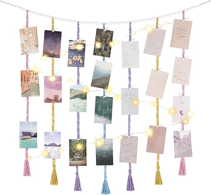 Mkono Hanging Photo Display, Boho Macrame Wall Decor with Lights, Multi | 45 Clips, String Lights, Teen Girl Stuff Gifts, Wooden Beads Banner, Pictures Postcards Holder, Bedroom Living Room Dorm by Mkono