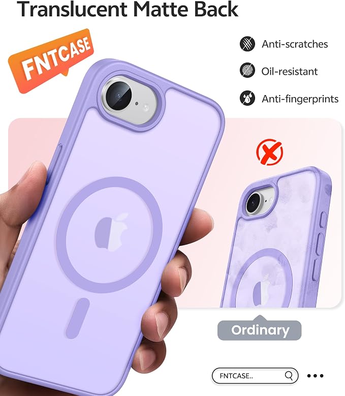 FNTCASE for iPhone 17e/ iPhone 16e Case, Fit for Magsafe, Screen Protector | Translucent Matte Magnetic Back, 14FT Military Grade Drop Protection, Shockproof Protective Phone Cover, Light Purple - Image 6