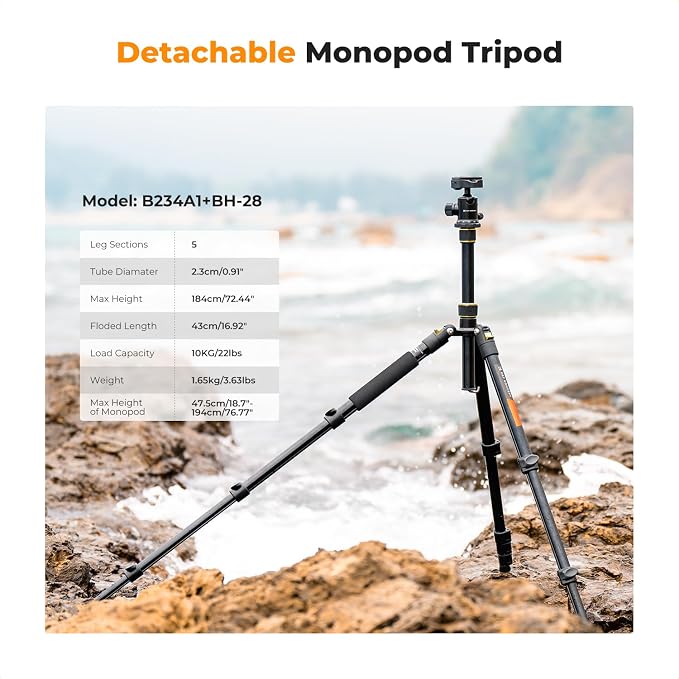 K&F CONCEPT 72" Aluminum Tripod for Camera | Remote & Extra QR Plate, Tripod Monopod for DSLR/Phone, Lightweight Foldable Travel Tripod, TM2324 - Image 2