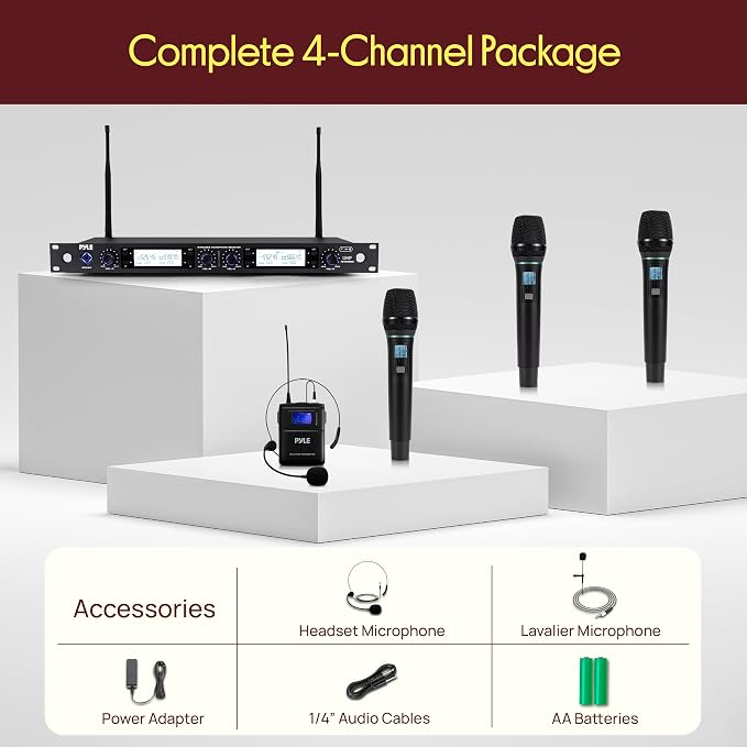 Pyle 4 Channel UHF Wireless Microphone System with 3 Handheld Mics, Lavalier & Headset Mic, 300 Ft Range, Selectable Frequencies & Rack Mount Receiver for Conferences, Hosting, Church & PA Systems - Image 7