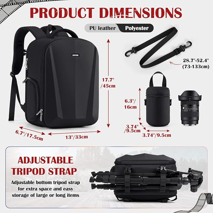 SDYSM Camera Backpack, Hardshell DSLR/SLR Camera Bag with Lens Pouch & 15.6" Laptop Compartment Waterproof Camera Case with Rain Cover Photography Backpack Compatible for Canon/Nikon/Sony/Drone Black - Image 4