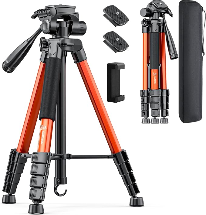 73" Camera Tripod, Aluminum Travel Tripod for Camera & Phone, Orange | DSLR Tripod with Phone Holder, Quick Release Plate, Travel Bag, Compatible with GoPro Camcorder, 8.8 lbs Load by JOBFRI