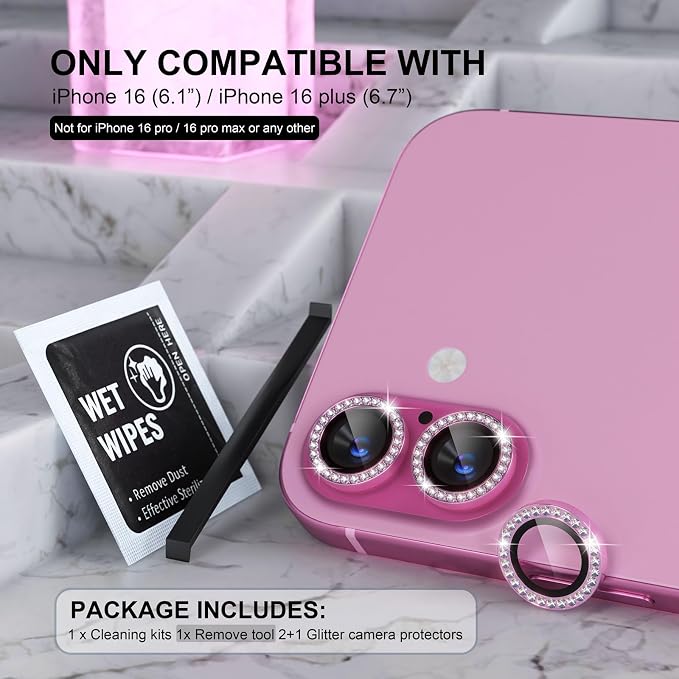 Choiche for iPhone 16/16 Plus Camera Lens Protector Bling, Diamond-Pink | Ultra HD, 9H Tempered Glass Camera Cover Screen Protector Metal Individual Ring Decoration Accessories, 2-Lens, 6.1/6.7-inch - Image 2