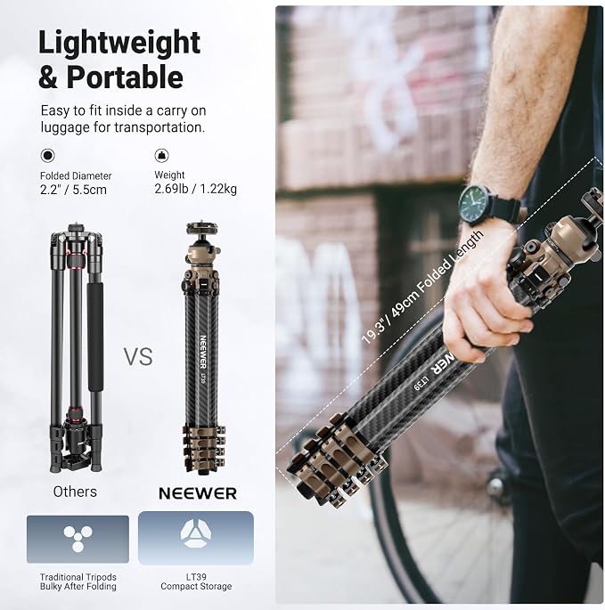 NEEWER LITETRIP Carbon Fiber Travel Tripod with Pan Tilt Low Profile Ball Head,62.4" DSLR Camera Phone Holder Stand Compatible with PD V3 Plates iPhone, 2 Center Columns,Max Load 22 lb, LT39 - Image 2