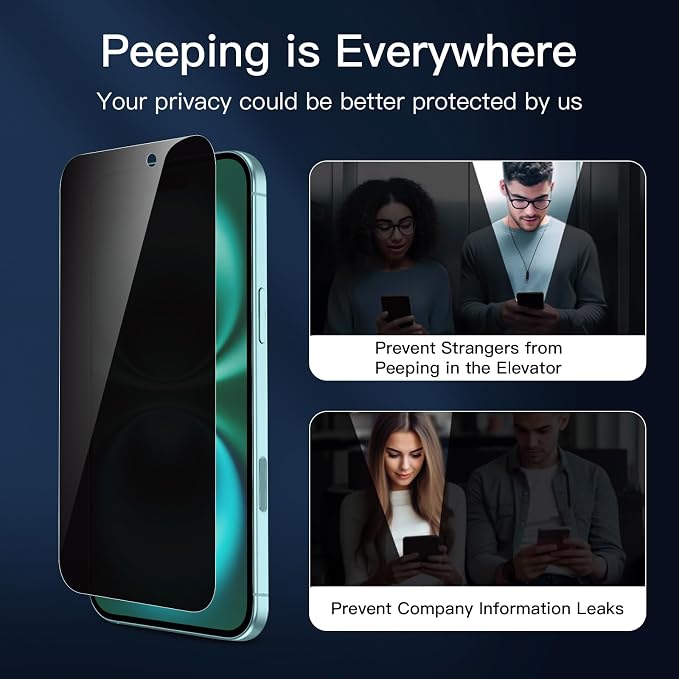 NEW'C 3x Privacy for iPhone 16 Plus Screen Protector (6.7 inches)+ 3x Camera Lens Protector, Sensor Protection, Case Friendly Tempered Glass Film + Dust Plug - Easy installation tool included - Image 4