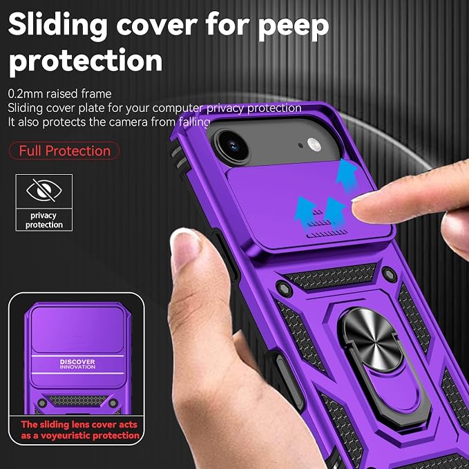 SunStory Phone Case for iPhone Air Case with HD Screen Protector & Slide Camera Cover & Rotated Ring Kickstand, [Military-Grade] Phone Case for iPhone 17 Air, Purple - Image 3