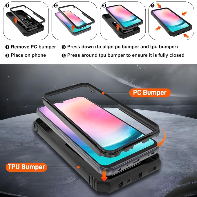Fit for Samsung A24 Phone Case with 2PCS Screen Protector, Build in 360° Rotating Ring Kickstand, Military Grade Protective Case for Samsung A24 Case Phone, Black - Image 3