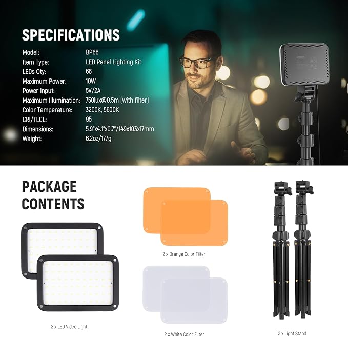 NEEWER Basics 2 Pack LED Video Light Panel Lighting Kit, Bi Color Dimmable Portable Studio Lights with Stands & Filters, 3200K-5600K 750lux CRI95 for Video Recording Live Streaming Photography, BP66 - Image 8