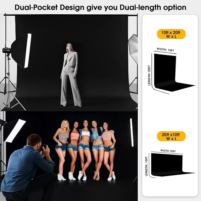 CPLIRIS 10x20ft Black Backdrop for Photography, Dual-Size Dual-Pocket Design Photo Booth Background for Portrait Photoshoot, Party and Video with Both Options of 10 feet and 20 feet in Width - Image 3