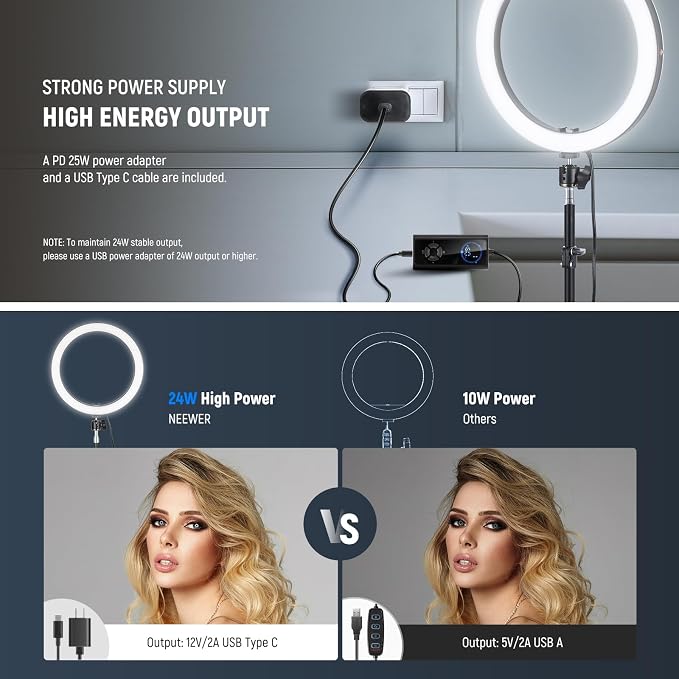 NEEWER 12" 24W Power LED Ring Light with Tripod Stand, Bi Color 2900-7000K, USB C PD Input, CRI97+ 1810lux/0.5m Compatible with iPhone Makeup Studio Streaming Selfie Video Recording, RH12B - Image 5