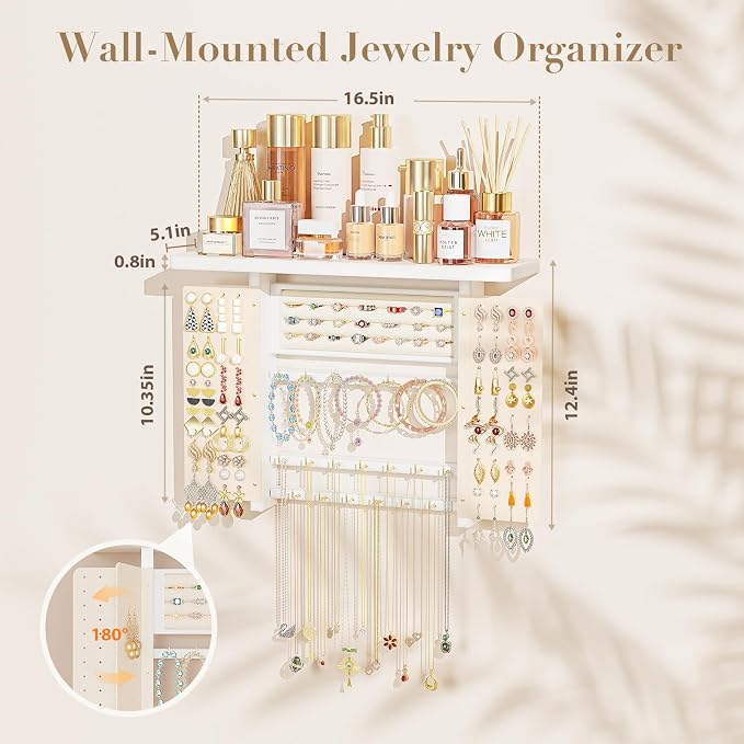 Emfogo Jewelry Organizer Hanging Wall Mounted Jewelry Holder, 5-in-1 Large Capacity Necklace Organizer Wall Hanging Jewelry Display for Ring, Necklaces, Bracelets, Earrings (White) - Image 4