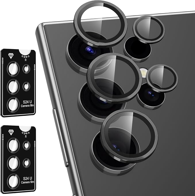 for Samsung Galaxy S24 Ultra Camera Lens Protector, Individual Metal Ring Tempered Glass Lens Cover, [Strong Adsorption] Scratch Resistant Ultra-Thin HD Clear Lens Cover, 2 Sets-Black by Btscase