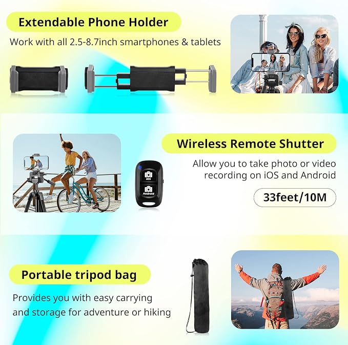 Sensyne 64" Camera Tripod Stand for iPhone & iPad, Phone Holder with Remote | 64-inch tripod stand, fits iPhone and iPad, wireless remote, stable phone holder for photos, video and live streaming - Image 5