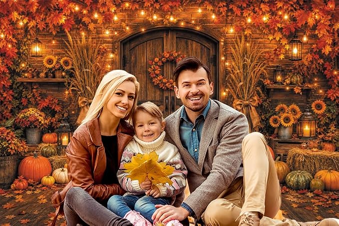 Rustic Barn Wooden Door Fall Backdrop 8x6ft Brick Wall Maple Leaf String Light Thanksgiving Background Pumpkin Sunflower Haystack Harvest Autumn Famliy Party Decorations Vinyl - Image 6