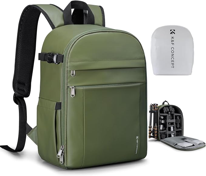 K&F CONCEPT Camera Backpack, DSLR/SLR/Mirrorless Photography Camera Bag | 14in Laptop Compartment & Rain Cover, 600D Fabric for Travel & Daily, Men & Women, Dual-Mode Detachable Dividers, Green, B19 by KFCONCEPT