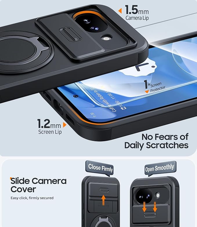 JAME for Google Pixel 10A Case with Ring Stand & Slide Camera Cover Black | Ring Holder Kickstand, Screen Protectors, Dual-Layer Shockproof Protective, Magnetic Accessory Friendly Phone Case, Black - Image 5