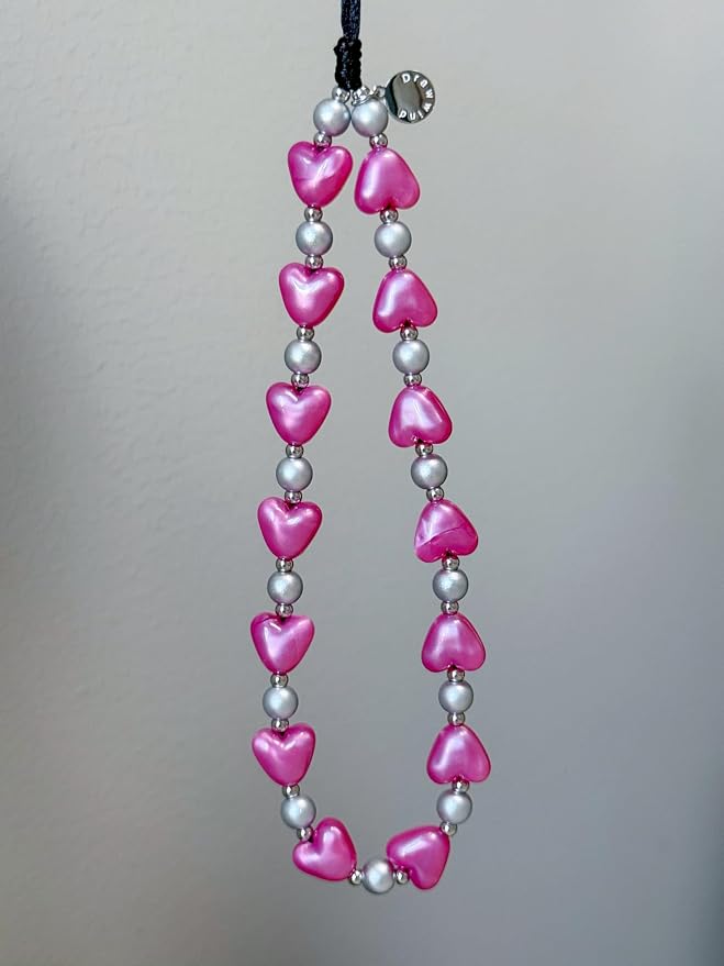 Drawwind Phone Charm Beaded Wristlet Strap Universal Cell Phone Lanyard Cute Bracelet Wrist Strap Beaded Chain String Handmade Accessories for Case Camera Bags (Hot Pink Hearts) - Image 6