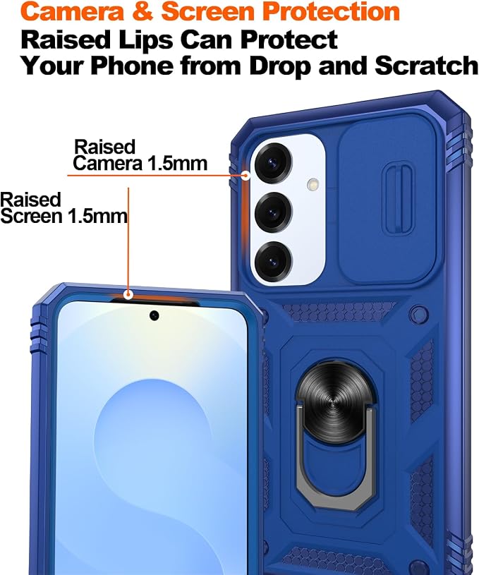 Gritup Fit for Samsung Galaxy S25 Case with Slide Camera Cover | 2 Pcs Screen Protector, Build in 360° Rotating Ring Kickstand, Military Grade Protective Phone Case, Blue - Image 5
