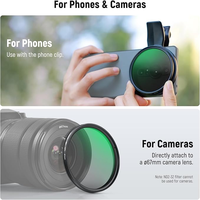 NEEWER 67mm Variable ND Filter Set Compatible with Android, 3 Pack Clip On CPL + ND2-32 + Black Diffusion 1/4 Filter for Mist Cinematic Effect Photography Accessories Kit, FL-B38 - Image 7