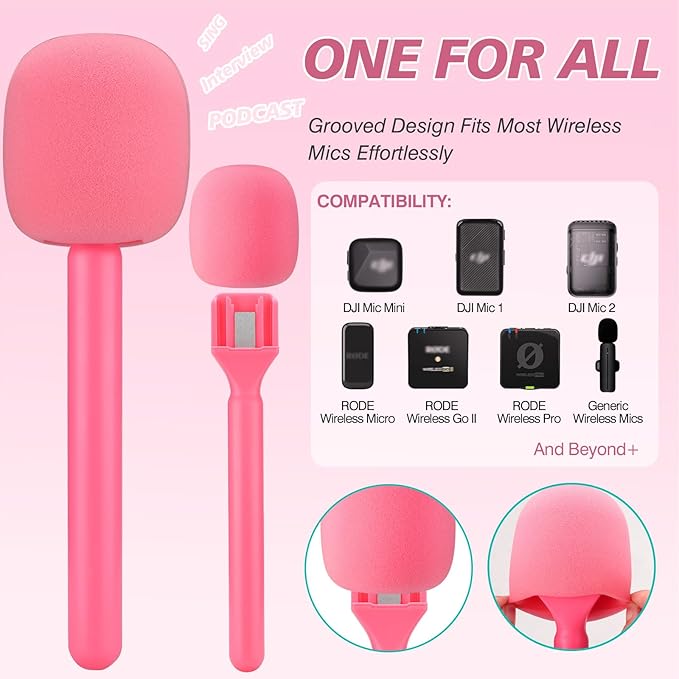 Facmogu Pink Mic Holder for DJI Wireless Mic, Handle for Rode Wireless Pro | 3PCS Foam Cover | Pink Microphone Accessories for Dji Mic Mini | Interview Handle for DJI/Rode/Hollyland Lark Lavalier - Image 2