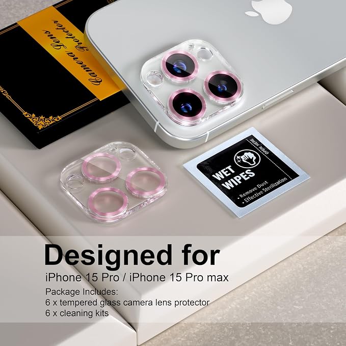 for 6 Pack iPhone 15 Pro/iPhone 15 Pro Max Camera Lens Protector [Drop Protection] [Case Friendly] [Easy Installation] 9H Tempered Glass Camera Screen Protector Cover, CD Pink - Image 2