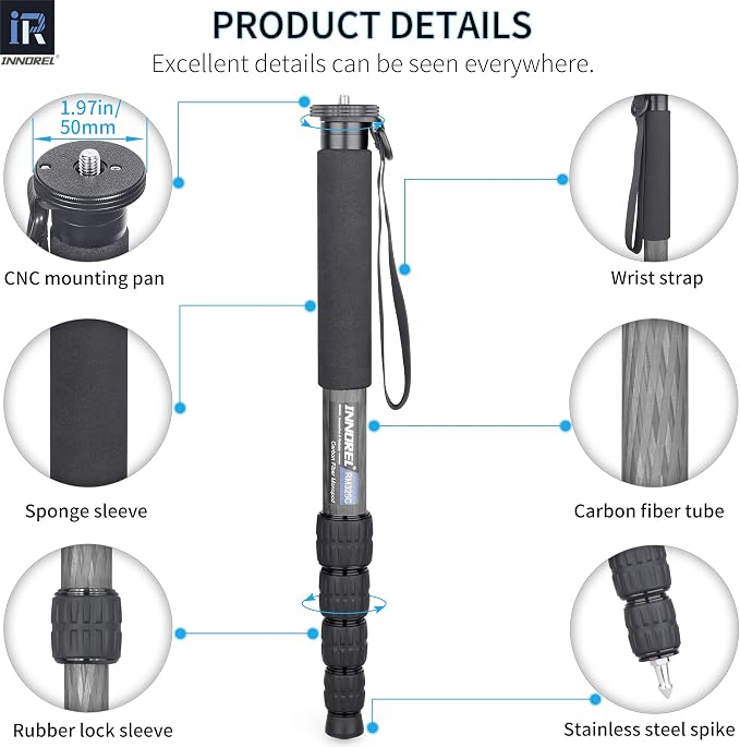 Carbon Fiber Camera Monopod INNOREL RM325C Professional Portable Compact Lightweight Travel 5-Section Monopod for Canon Nikon Sony DSLR Camera Video Camcorder DV Photography Bracket Load 26lbs/12kg - Image 4