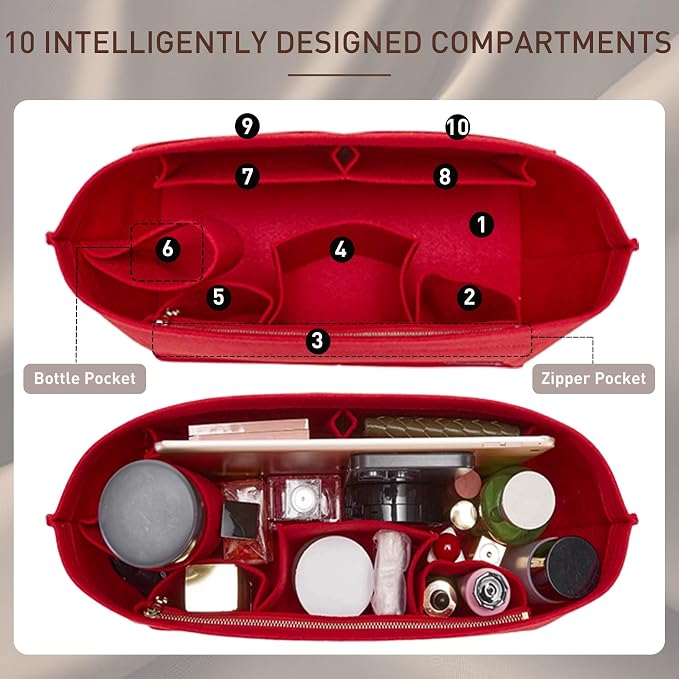 Doxo Purse Organizer Insert for Handbags & Base Shaper 2pc Set, Felt Neverfull PM Organizer Insert, Tote Bag Organizer with Zipper Pocket and Bottle Holder, Fit Neverfull PM and More, Red-M - Image 4