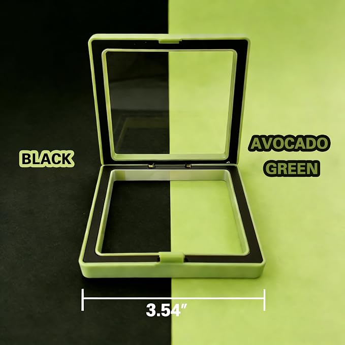 12 PCS Dual-Color Packaging Box 3D Floating Frame Display Stand, Color-Matching Packaging Display Box, Transparent Window Jewelry Case, PE Film Anti-Oxidation Storage Case. (Fruit Green+Black) - Image 3