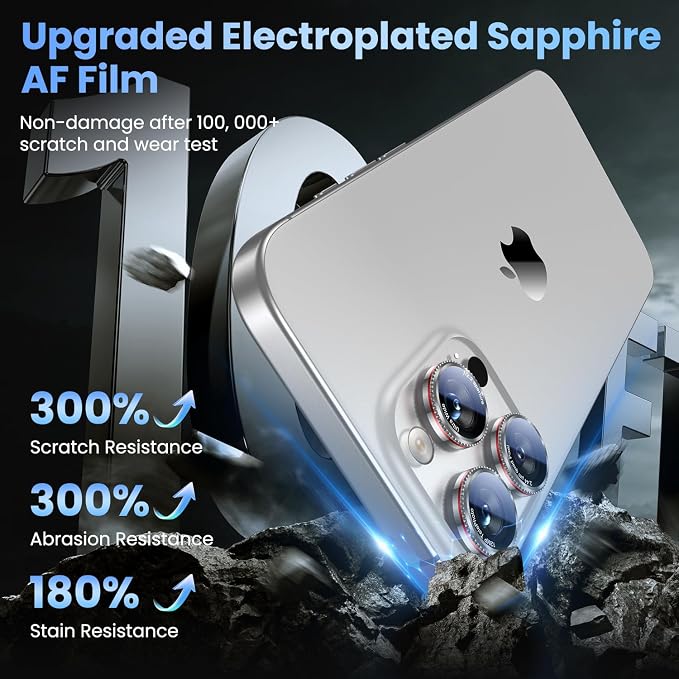 Uyiton for iPhone 17/16/15/14 (Pro Max & Pro) Camera Lens Protector | Unique Lines Text Design, Case-Friendly, Military-Grade Sapphire Glass Metal Camera, Easy to Install, Gearwheel Silver+Red - Image 4