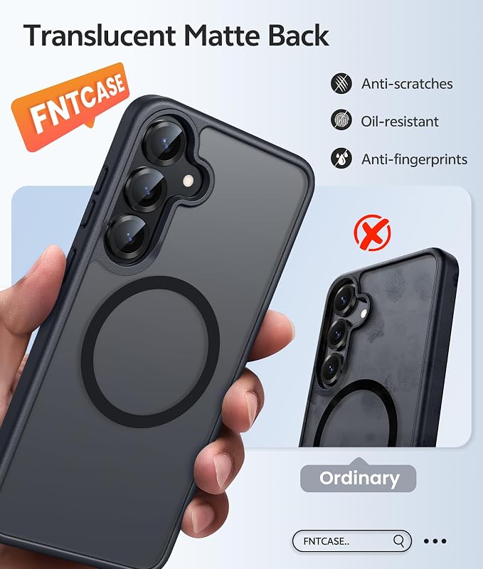FNTCASE for Samsung Galaxy S25/S24 Case, Fit for Magsafe, Screen Protector | Translucent Matte Magnetic Back, 14FT Military Grade Drop Protection, Shockproof Protective Phone Cover, Black - Image 6