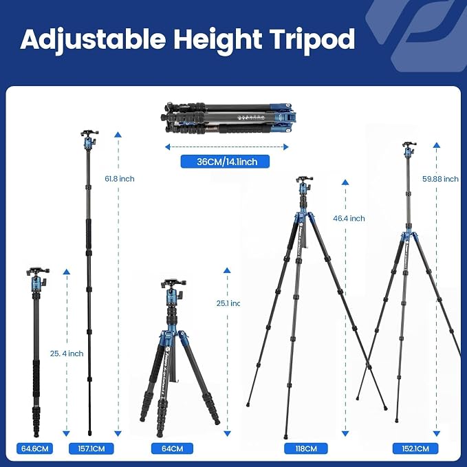 Fotopro 60" Carbon Fiber Camera Travel Tripod, 2lbs Super Lightweight Compact Tripod with 360° Metal Ball Head, Detachable Monopod, with Arca QR Plate & Bag, Load up to 8KG/17.63lbs, for SLR DSLR,Blue - Image 3