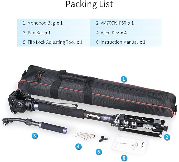 Carbon Fiber Video Monopod Kit-VM70CK Professional Hydraulic Fluid Head Monopod Removeable Multifunctional Travel Tripod Stand for Gopro DSLR Camera Telescopic Camcorders, Max Load 13 pounds/6 kg - Image 7
