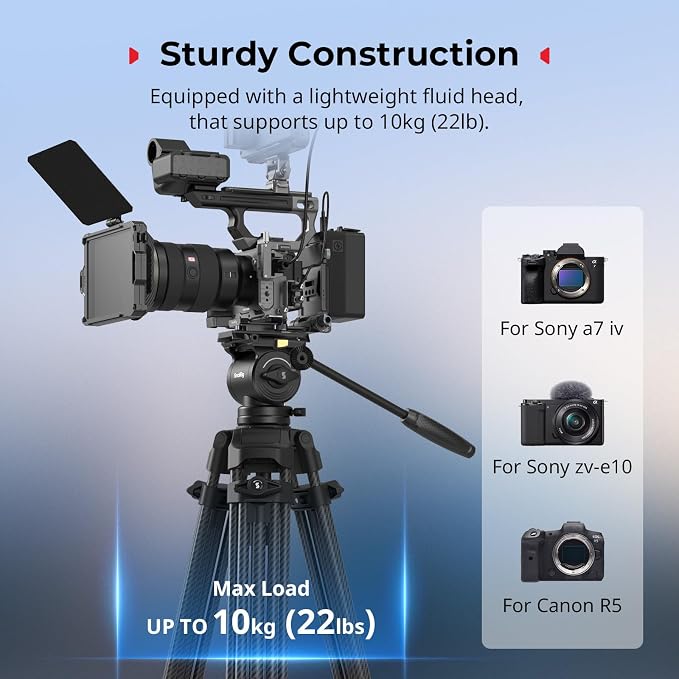 SMALLRIG 73''/185cm Carbon Fiber Heavy Duty Video Tripod, Max Load 10kg (22lbs), Fluid Head with +85° to -78 Tilt Range, Compact Camera Tripod Weight 2.7kg(6lbs), Folded Height 87cm, AD-14 - Image 3